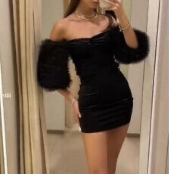 ZARA Dress S Black Velvet Tulle Balloon Sleeves 8351/253 FW22 Mini Off Shoulder - Picture 16 of 16